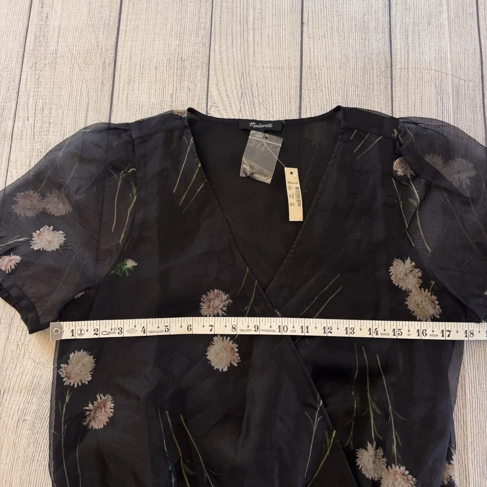 Madewell Silk Organza Puff-Sleeve Wrap Top Aster Portrait Black Women Size XS